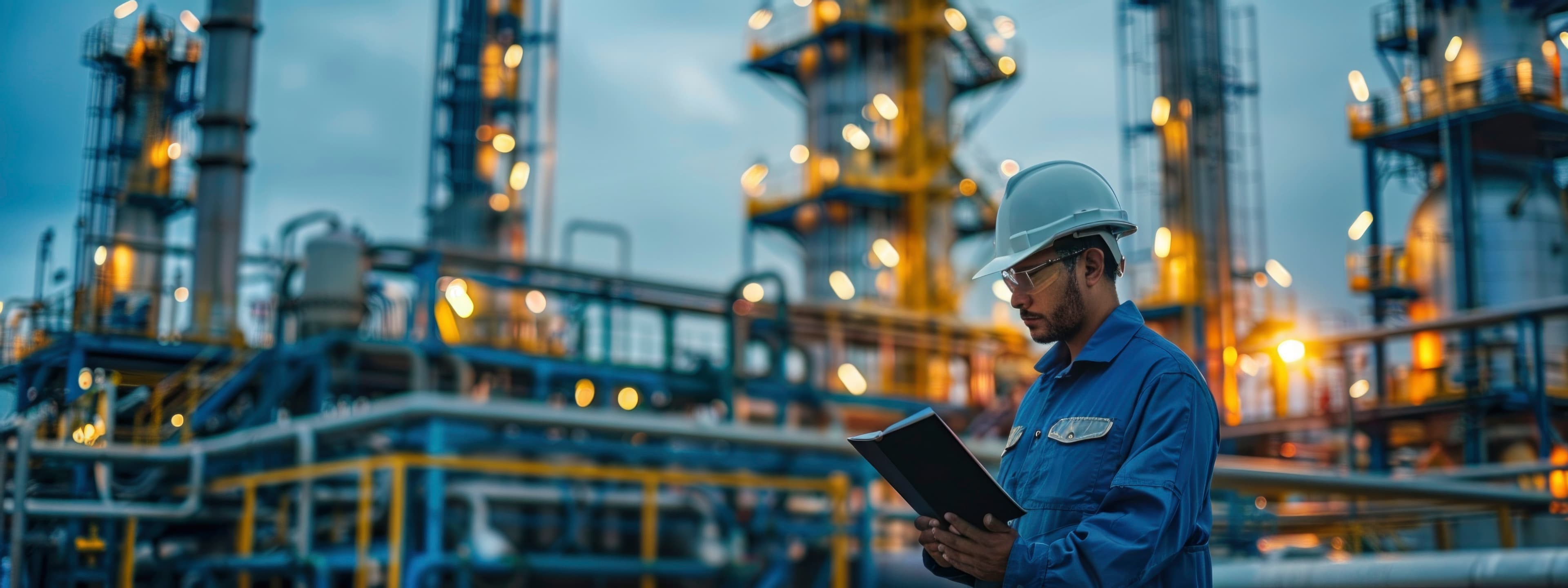 Engineer at oil refinery reviewing data on tablet